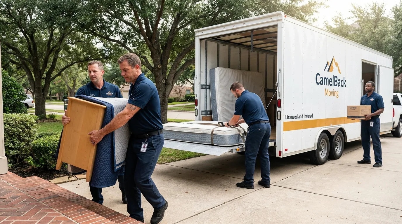 Crew loading residential truck for cross-state move from Atoka, OK