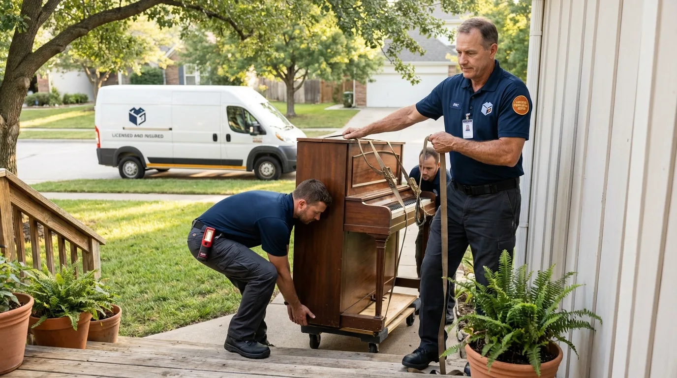 Licensed piano movers securing grand piano in Atoka, OK