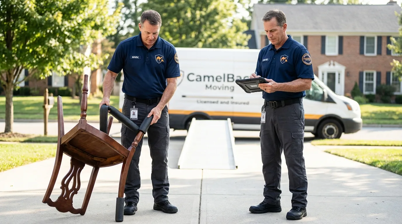 Movers inspecting furniture for damage prevention before loading in Atoka, OK