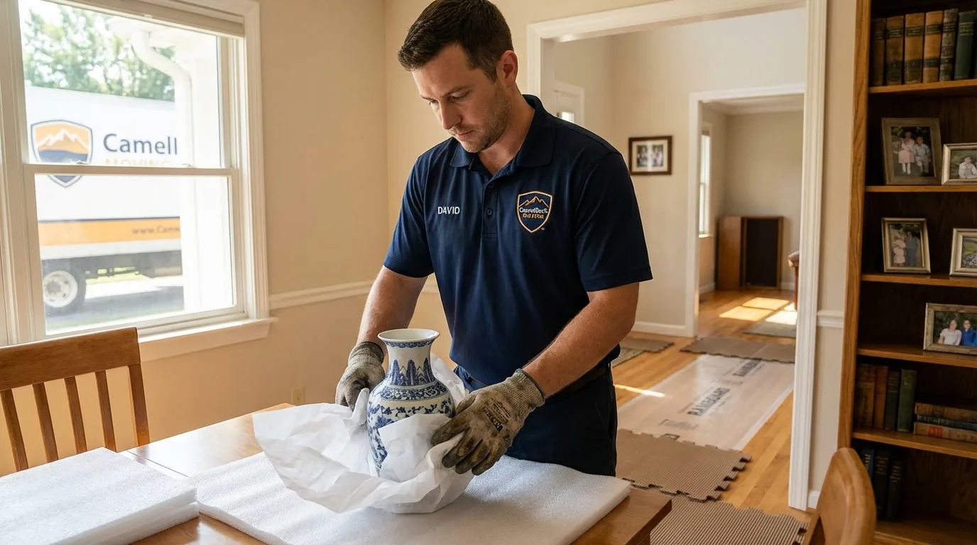 Professional crew carefully wrapping antique vase for senior downsizing move in Atoka, OK